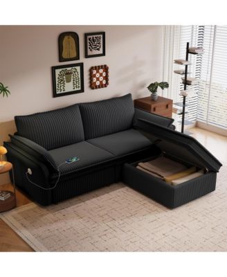 85" Convertible Sleeper Sofa Bed, 2-in-1 Plush Pull Out Couch with Storage Ottoman, Hidden Storage, USB Charging Ports, 2 Pillows