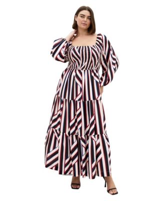 Plus Size Long-Sleeve Stripe Shirred Maxi Dress