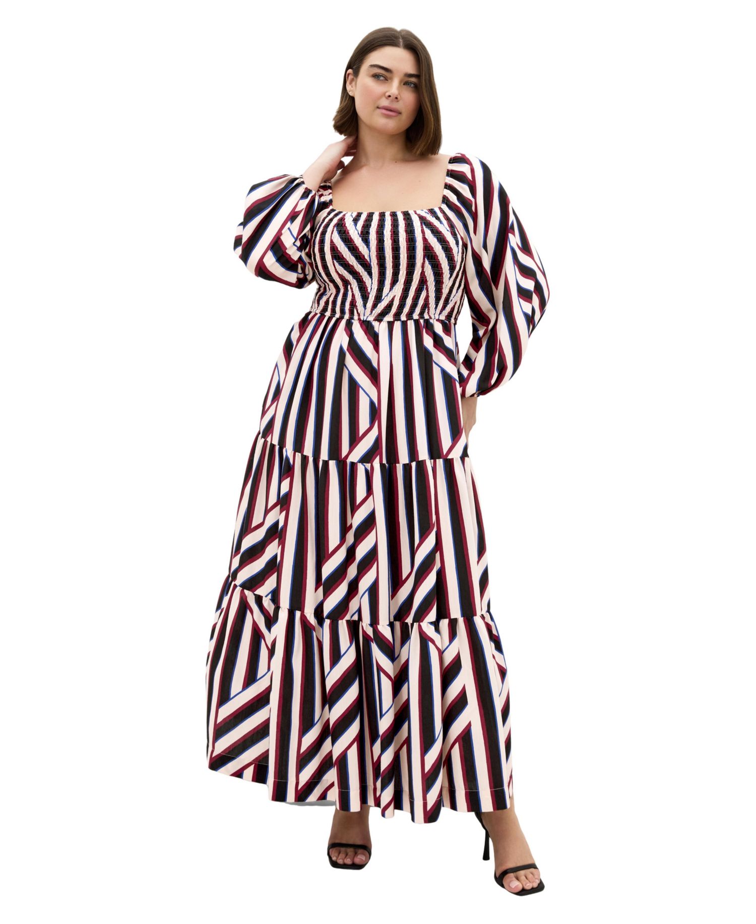 Plus Size Long-Sleeve Stripe Shirred Maxi Dress