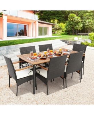 7 Piece Outdoor Wicker Dining Set with Detachable Cushions, Acacia Table and Umbrella Hole