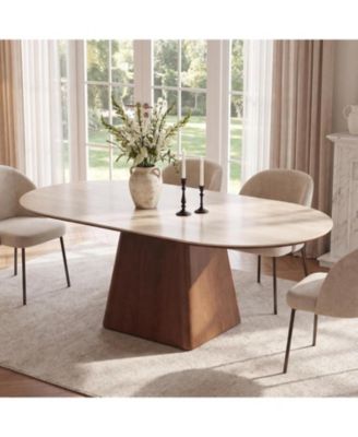 63" Oval Sintered Stone Dining Table for 6-8: Mid-century kitchen table with solid wood pedestal base.For kitchen and dining room