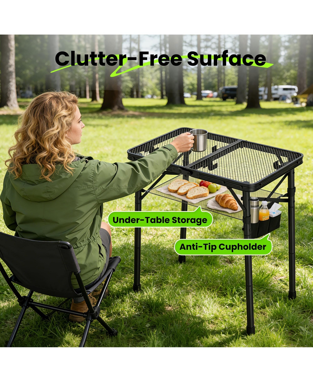 Piscifun Adjustable Height Folding Camping Table Portable Grill Prep Station With Mesh Storage