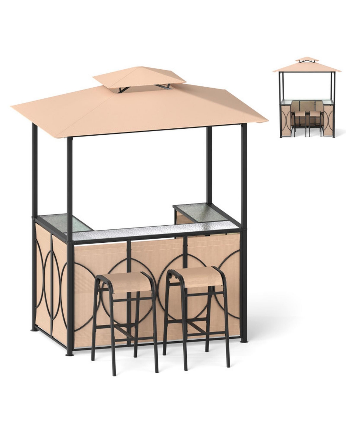 Gouun Outdoor 6.5 x 4 x 8 ft Grill Gazebo Set with Bar Table and 2 Padded Bar Stools