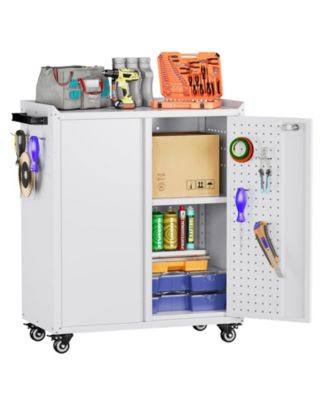 Metal Rolling Storage Cabinet with Wheels, Lockable Doors and Pegboard Hooks, Adjustable Shelves for Garage