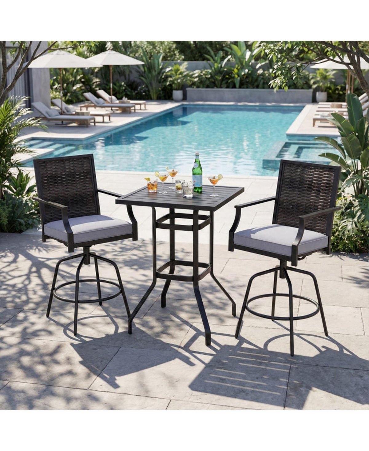 Gouun 3-Piece Outdoor Swivel Bar Set with High-Top Rattan Table and Cushioned Stools