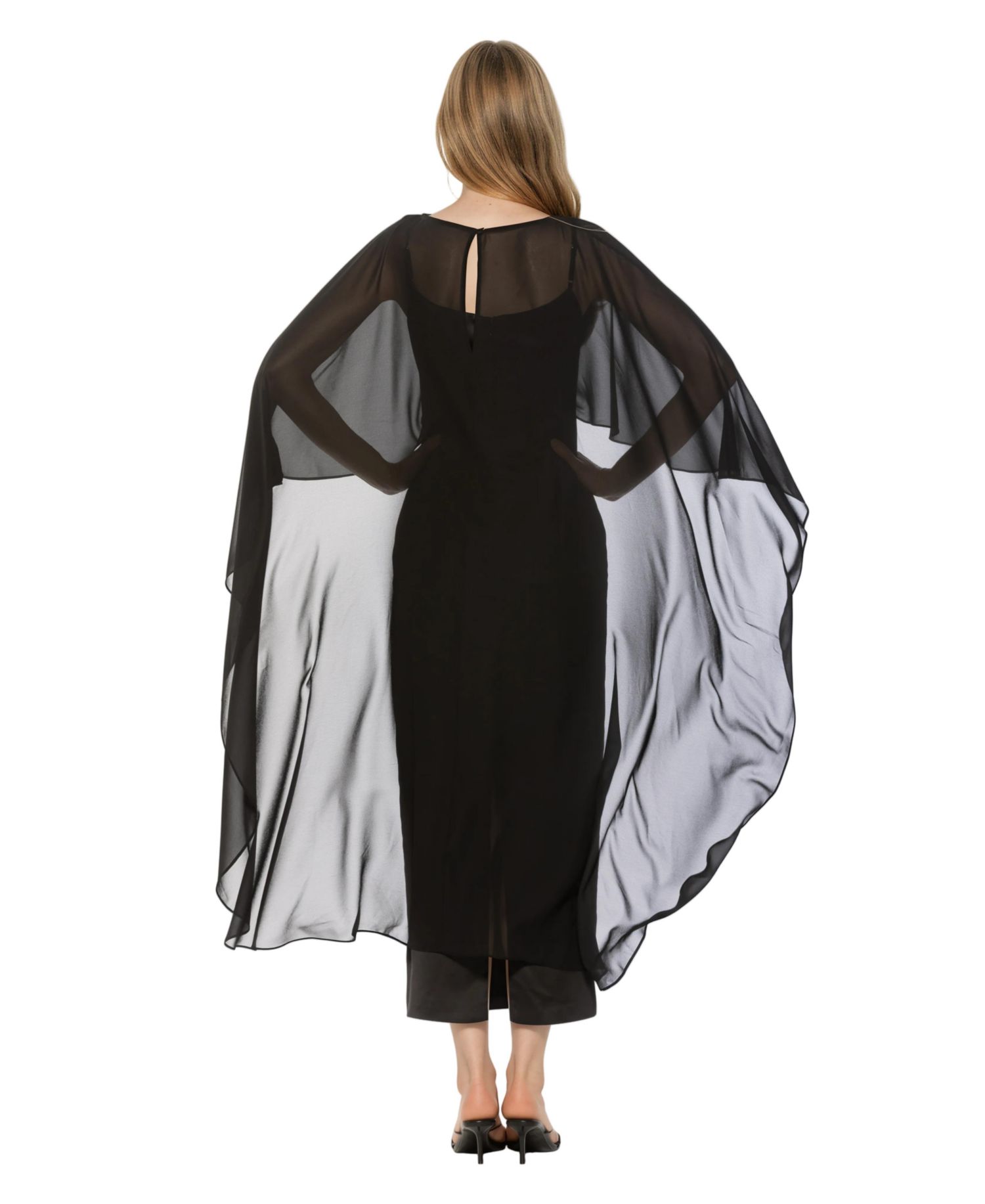 Women's Cape-Sleeve Chiffon Overlay Boat Neck Satin Gown