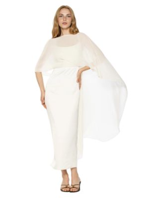 Women's Cape-Sleeve Chiffon Overlay Boat Neck Satin Gown