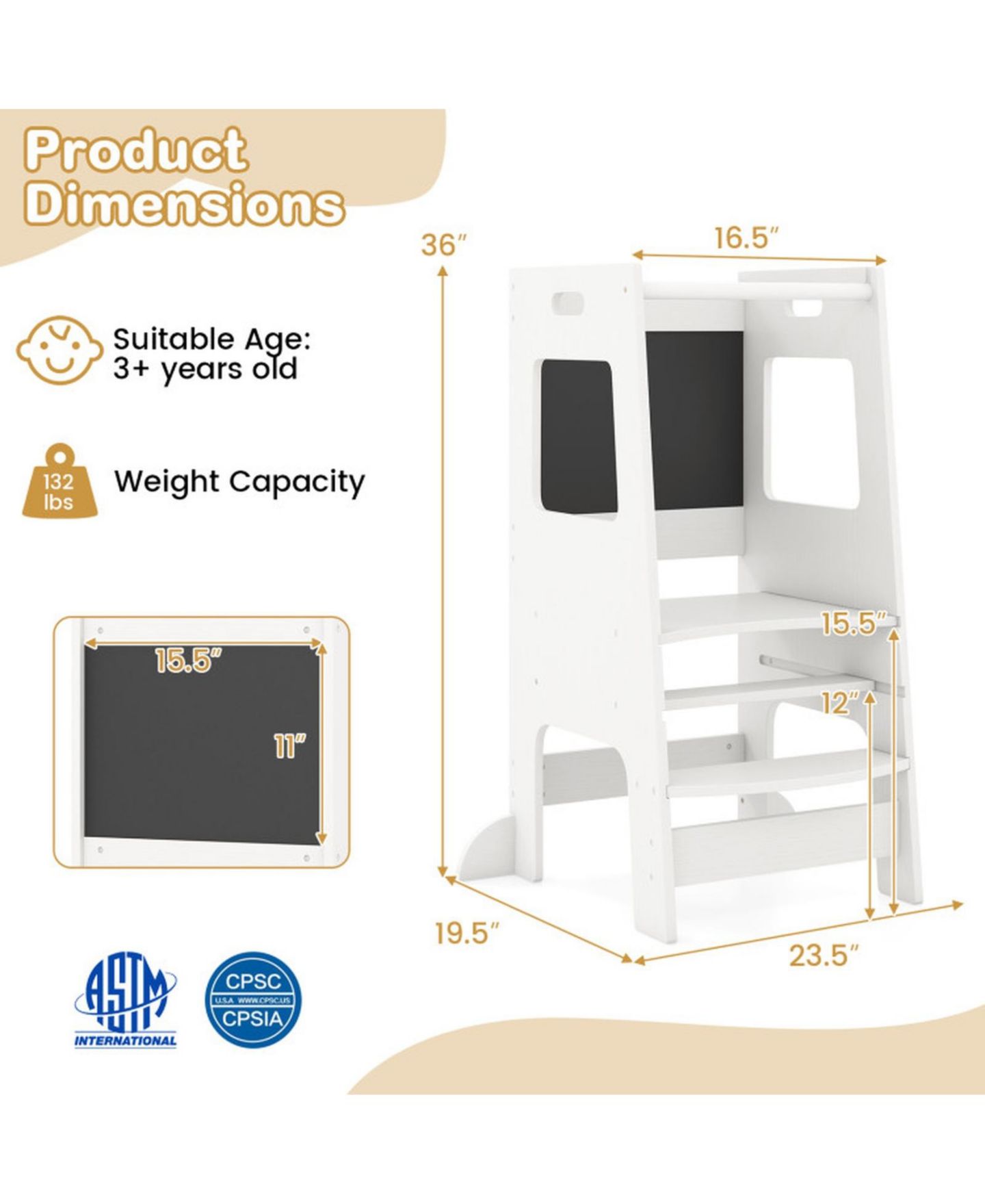Детская игрушка HONGGE Adjustable Birch Wood Toddler Kitchen Tower with Chalkboards, Ages 3+, цвет: Белый — фото 3