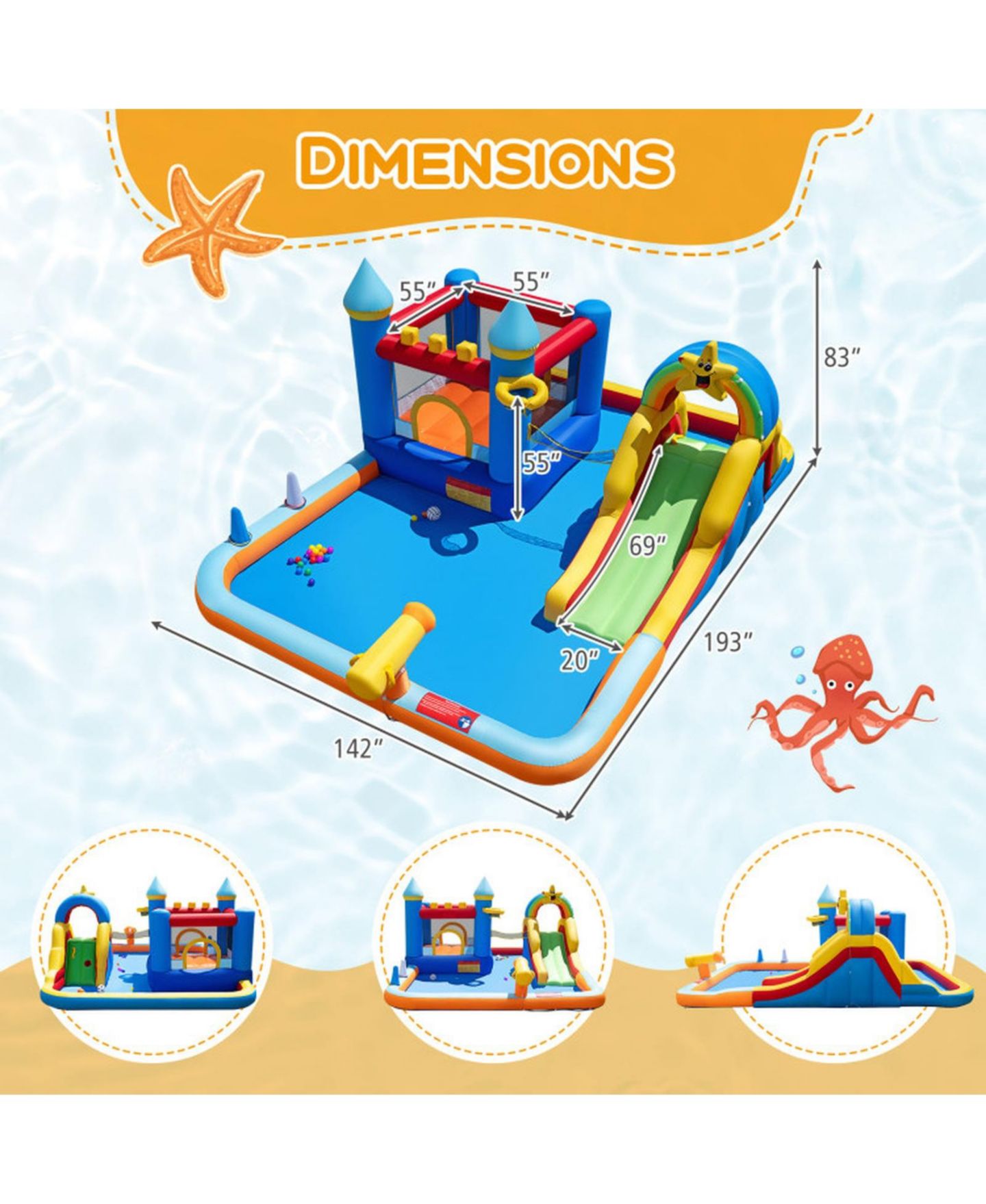 Детская игрушка HONGGE 193" x 142" x 83" Water Slide Bounce House with Climbing Wall, Supports 4 Children, Ages 3-12, цвет: Синий — фото 3