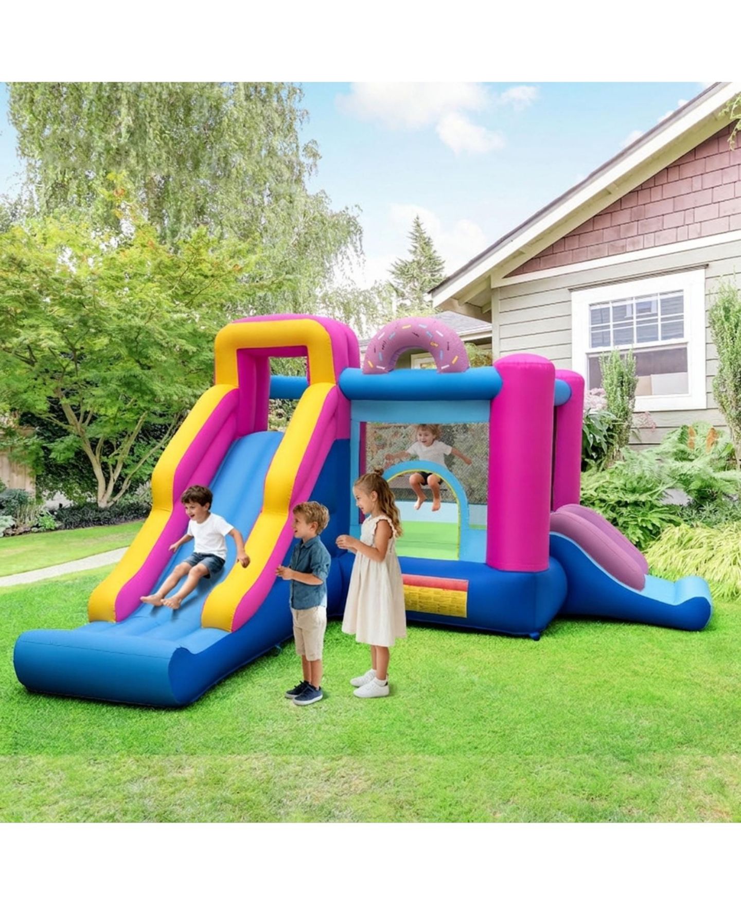 Детские игрушки HONGGE Inflatable Bounce House with Dual Slides and Basketball Hoop, 179" x 133" x 79", Ages 3-12, цвет: Розовый — фото 2