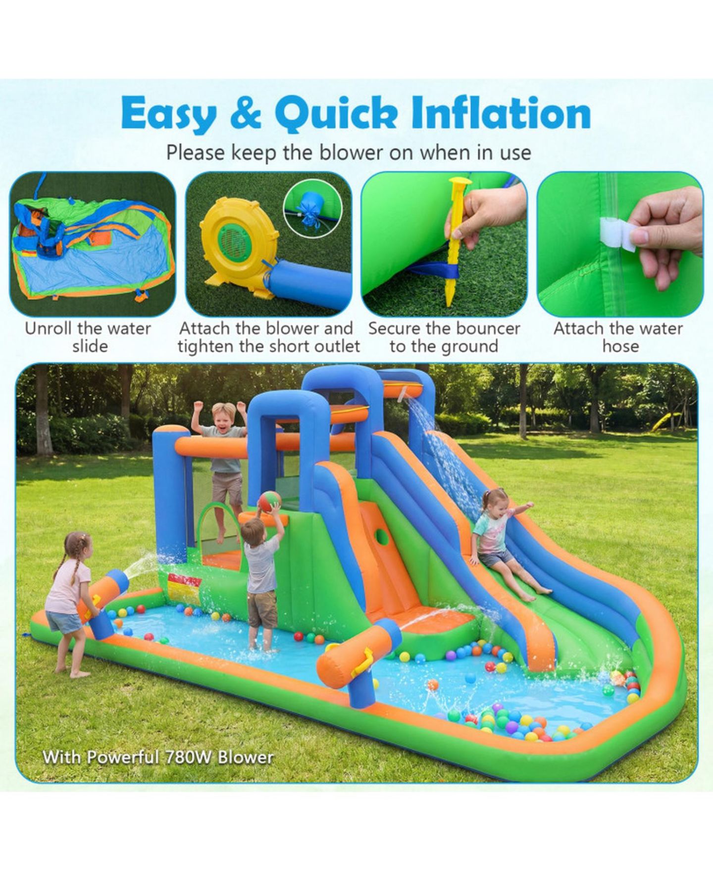 Детская игрушка HONGGE Inflatable Water Slide Bounce House with Splash Pool and 780W Blower Ages 3-12, цвет: Синий — фото 7