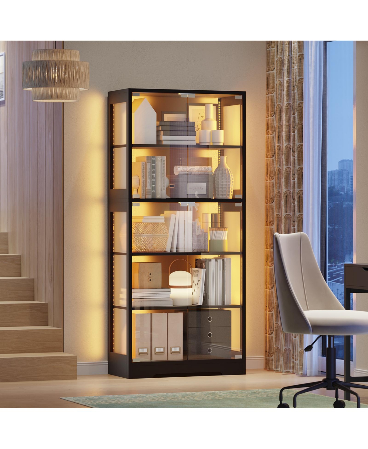 homfan Display Cabinet with Glass Door, 5-Tier 71" Curio with Rgb Led Lights and App Control for Collectibles Modern Storage for Living Room, Bedroom