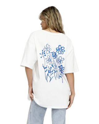 Women's Back To Bloom Oversized Tee V-Neck Floral-Print T-Shirt