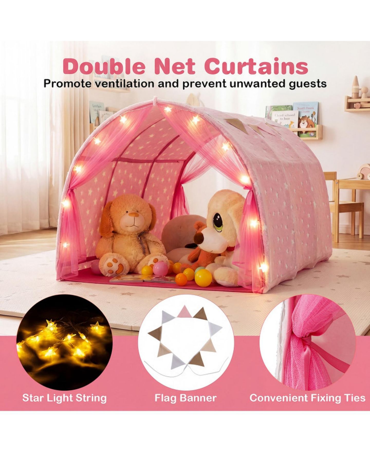 Детские игрушки HONGGE Glow-in-the-Dark Stars String Lights 3-Piece Bed Tent, Ages 3+, цвет: Розовый — фото 6