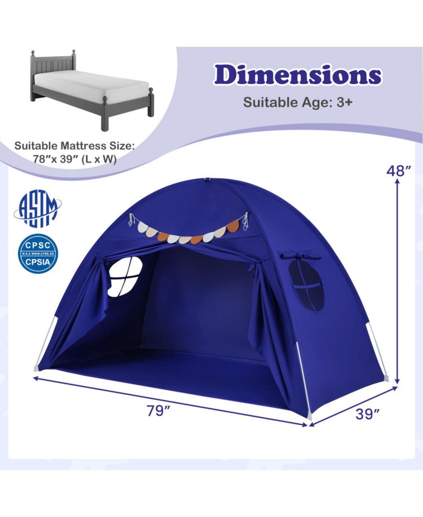Детские игрушки HONGGE Two Windows Twin Bed Canopy Tent, 2-Piece, Ages 3+, цвет: Тёмно-синий — фото 3