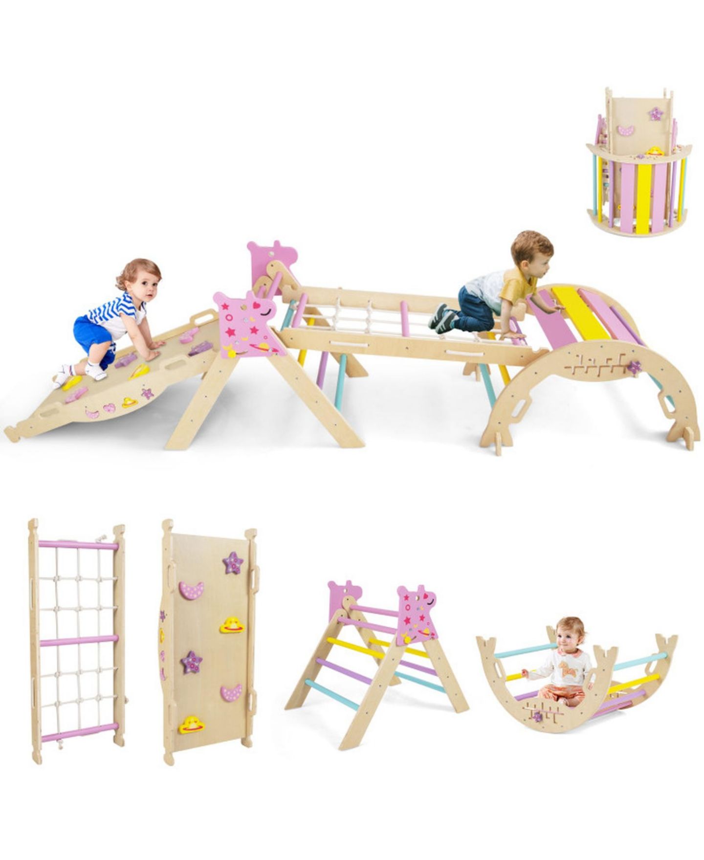 Детские игрушки HONGGE 8-in-1 Foldable Montessori Wooden Climbing Set, Ages 3+, цвет: Розовый — фото 2