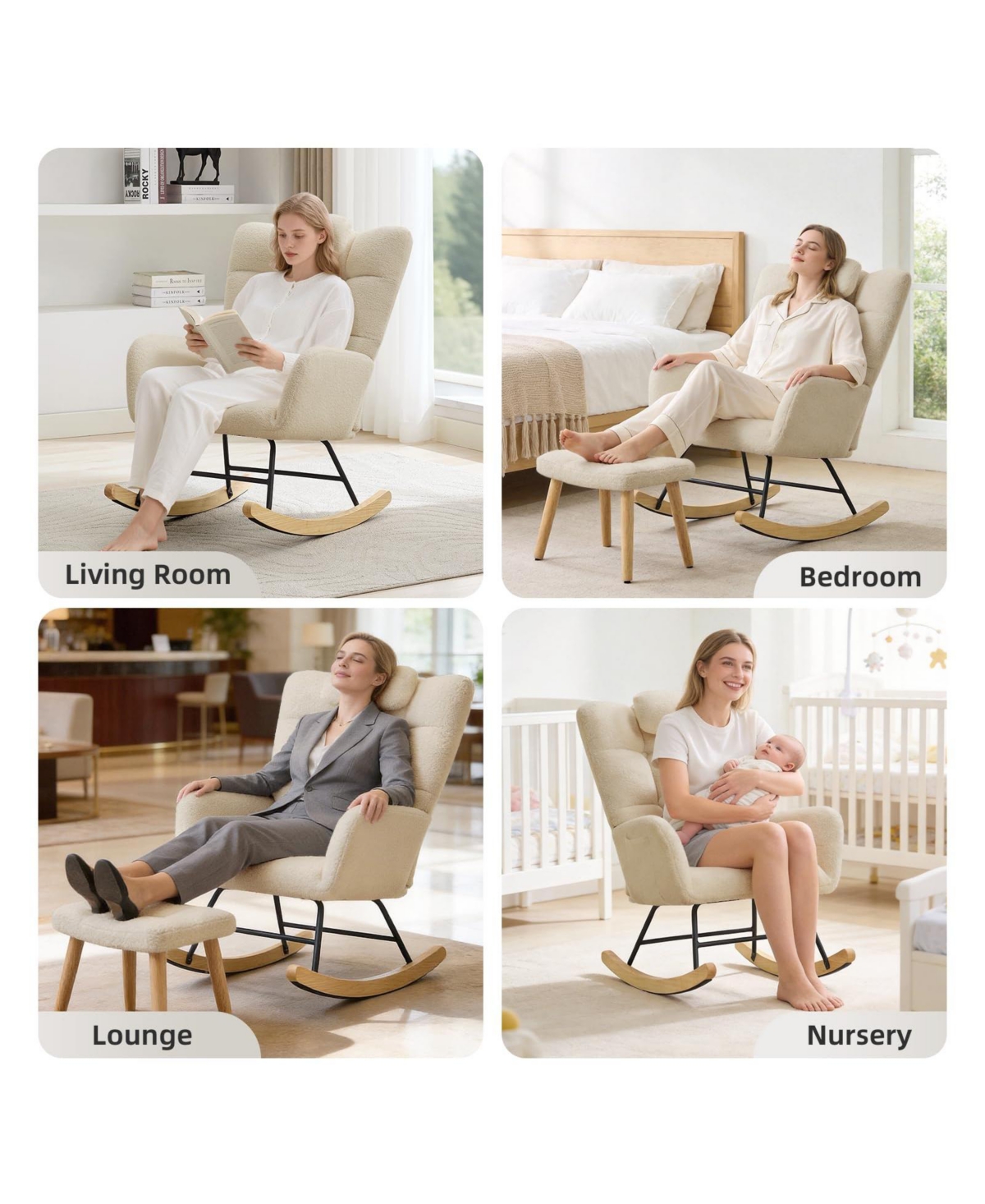 homfan Nursery Rocking Chair with Ottoman, Upholstered Glider High Backrest and Armchair for Adults,