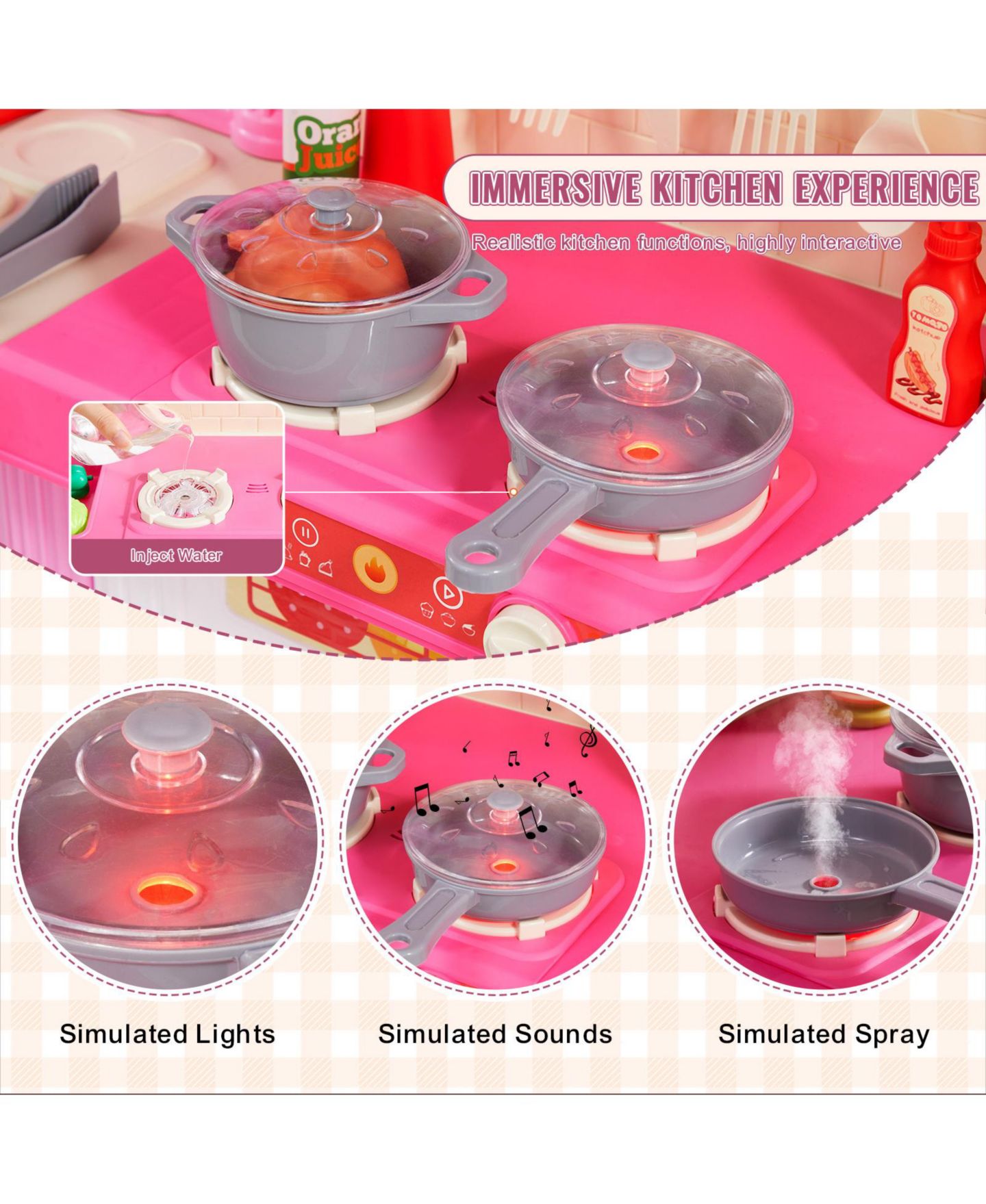 Детский игровой набор HONGGE 3-in-1 Kitchen Playset with Lights and Sounds, 74 Cooking Accessories, Ages 3+, цвет: Розовый — фото 8