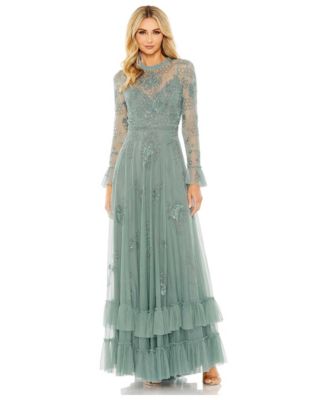 Women's Beaded Embroidered Tulle Long Sleeve Gown