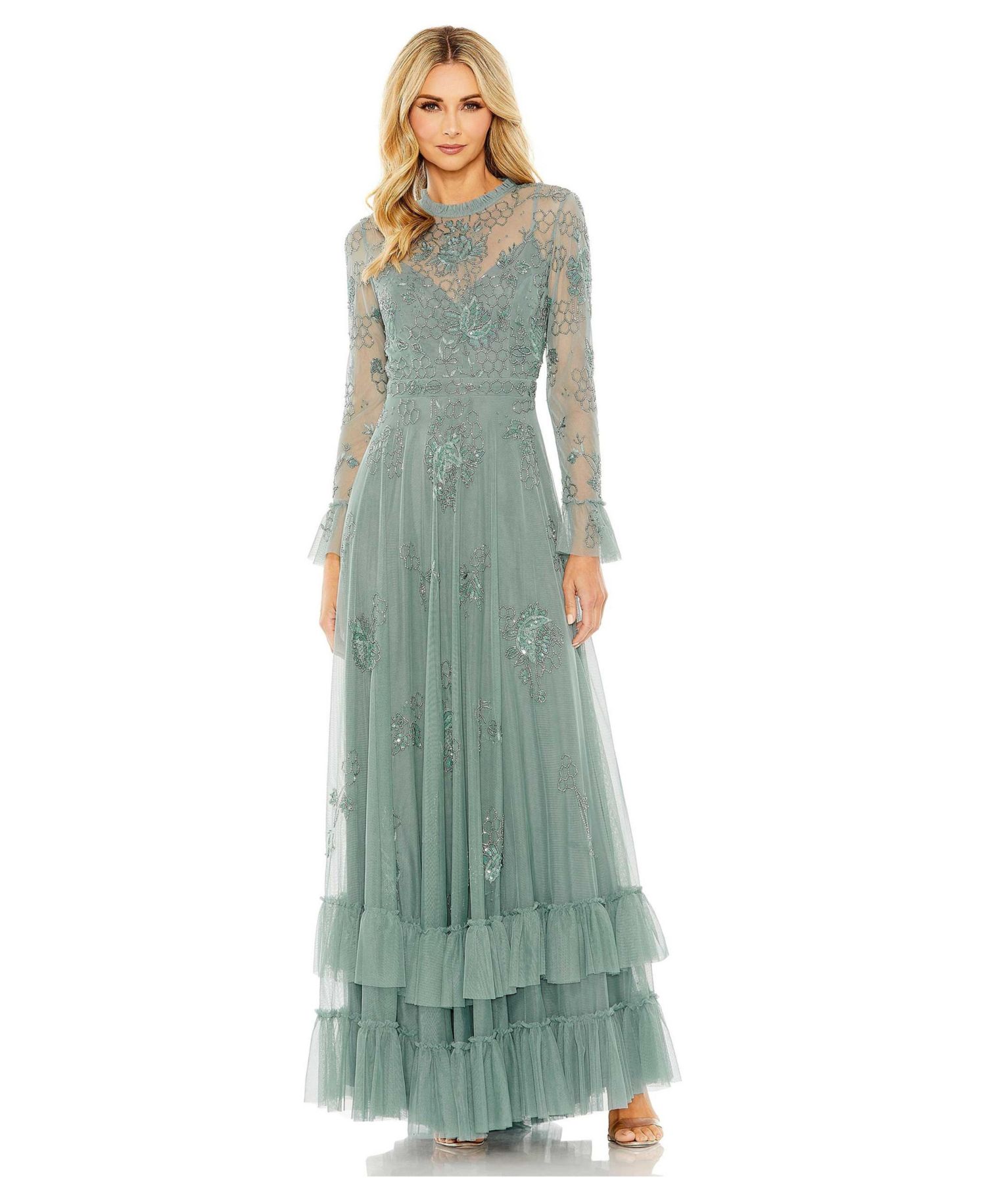Women's Beaded Embroidered Tulle Long Sleeve Gown