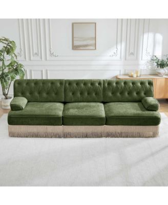 3-Seater Modular Sectional Sofa for Living Room, Velvet Fabric, Button Tufted Back, Tassel Fringe Skirt, Free Combination