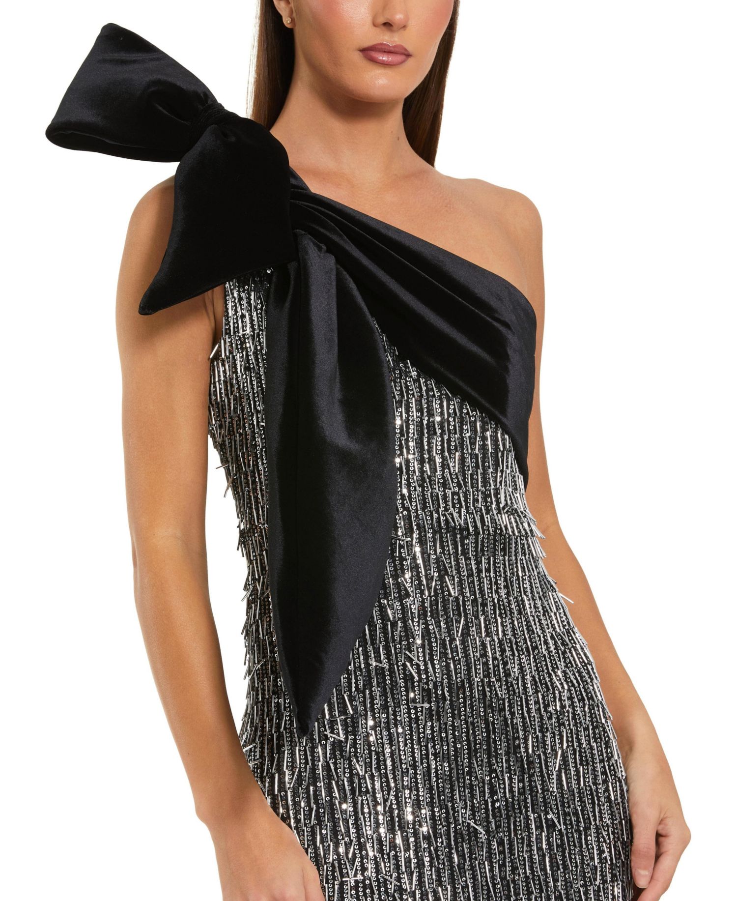 Women's One-Shoulder Sequin Velvet Bow Gown