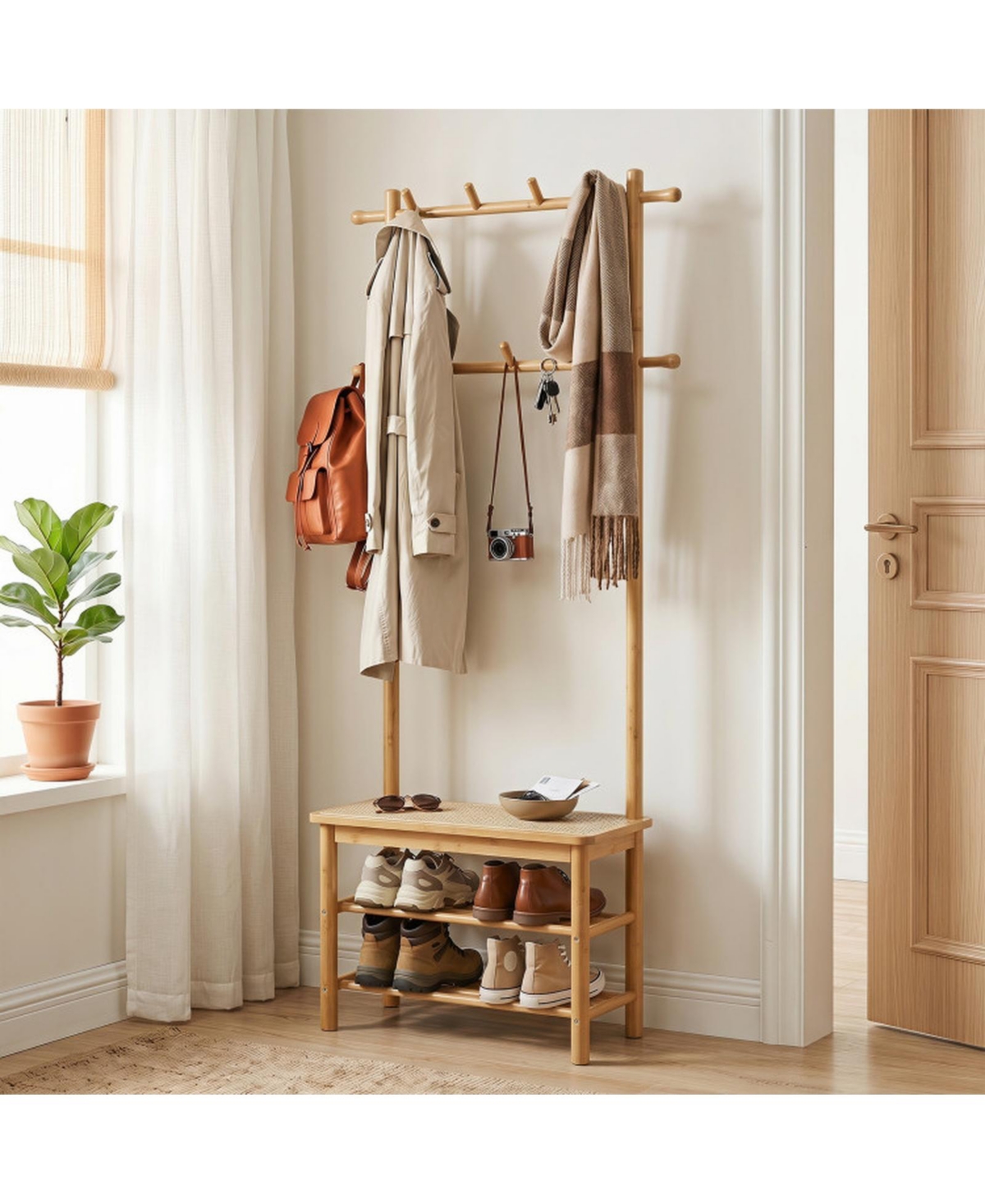 Sugift 3-in-1 Bamboo Coat Rack Hall Tree with Bench and Shoe Storage