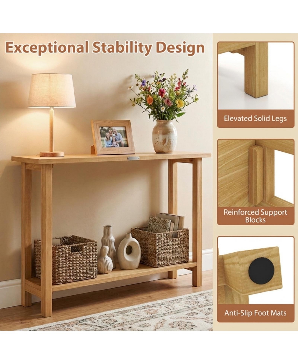 Sugift 47 in Solid Teak Wood Console Table with Storage Shelf