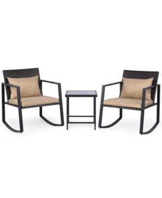3-Piece Outdoor Rocking Bistro Set with Soft Cushions and Tempered Glass Table