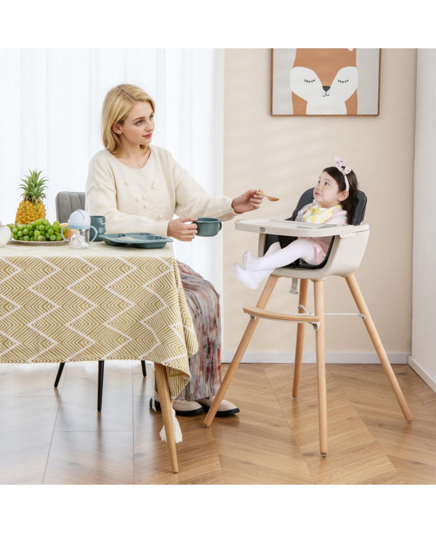 Baby 3-in-1 Convertible Wooden Baby High Chair with Cushion