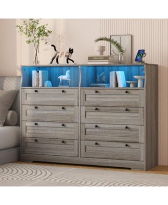 8 Drawer Wooden Dressers Bedroom with LED Lights, Charging Station and Open Shelf, Chest of Drawers, Farmhouse TV Stand for Living Room