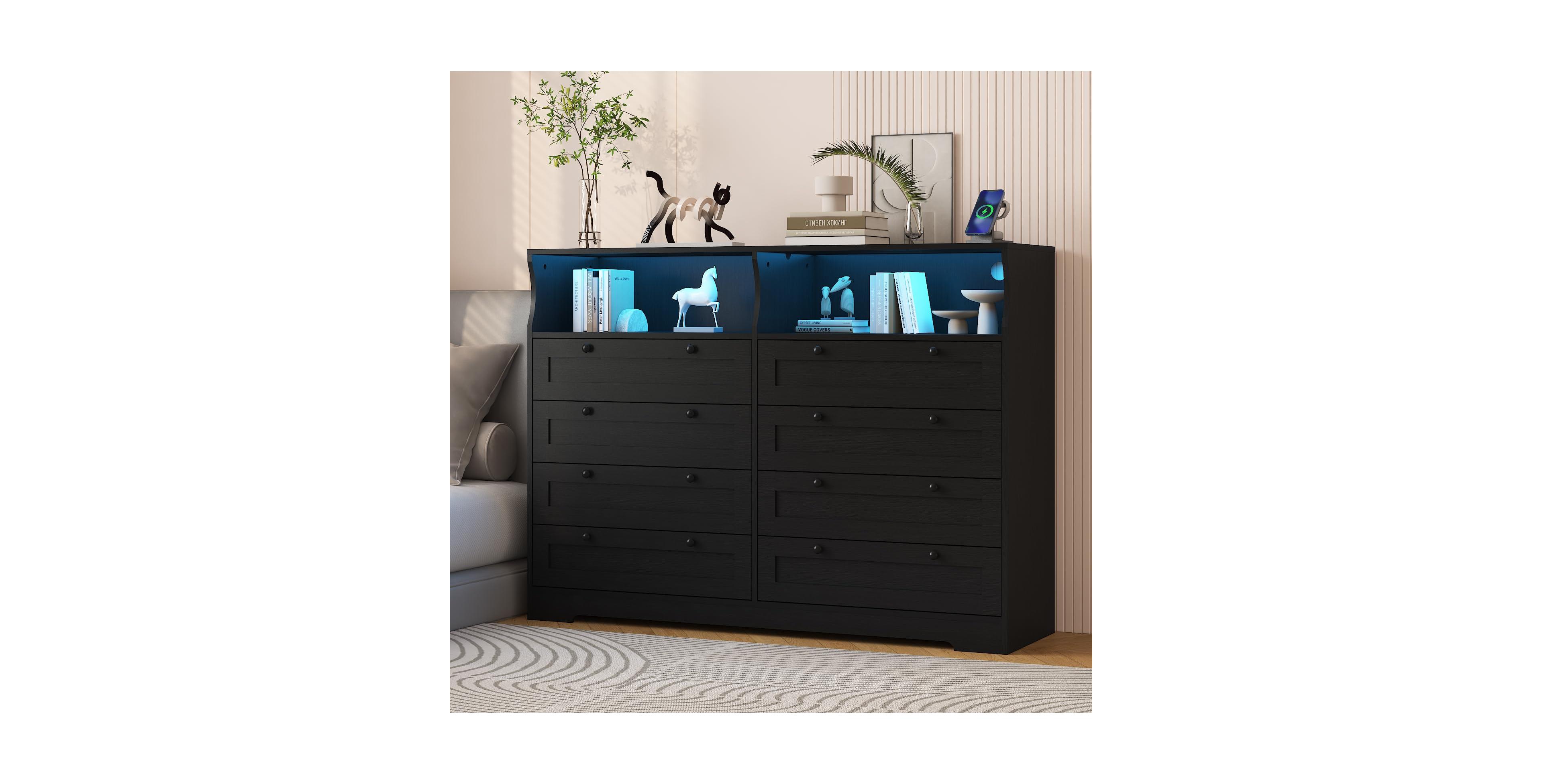 homfan 8 Drawer Wooden Dressers Bedroom with Led Lights, Charging Station and Open Shelf, Chest of Drawers, Farmhouse Tv Stand for Living Room
