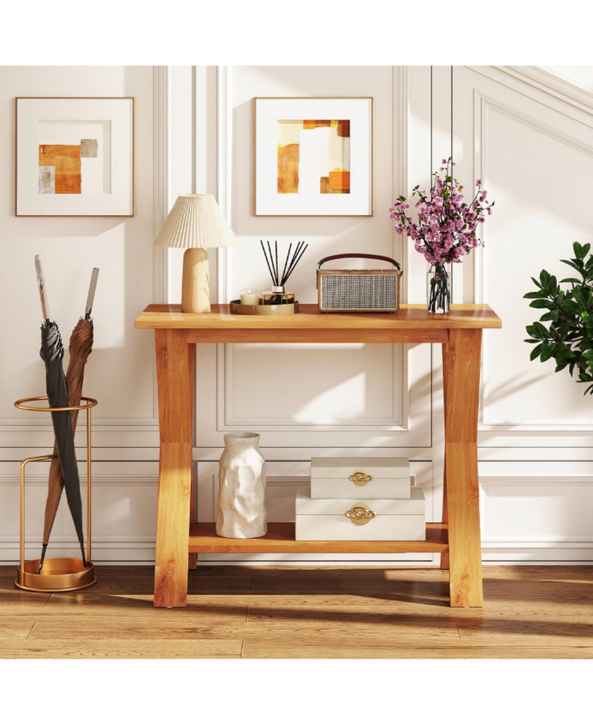Sugift 35.5in Solid Teak Wood Console Table with Storage Shelf