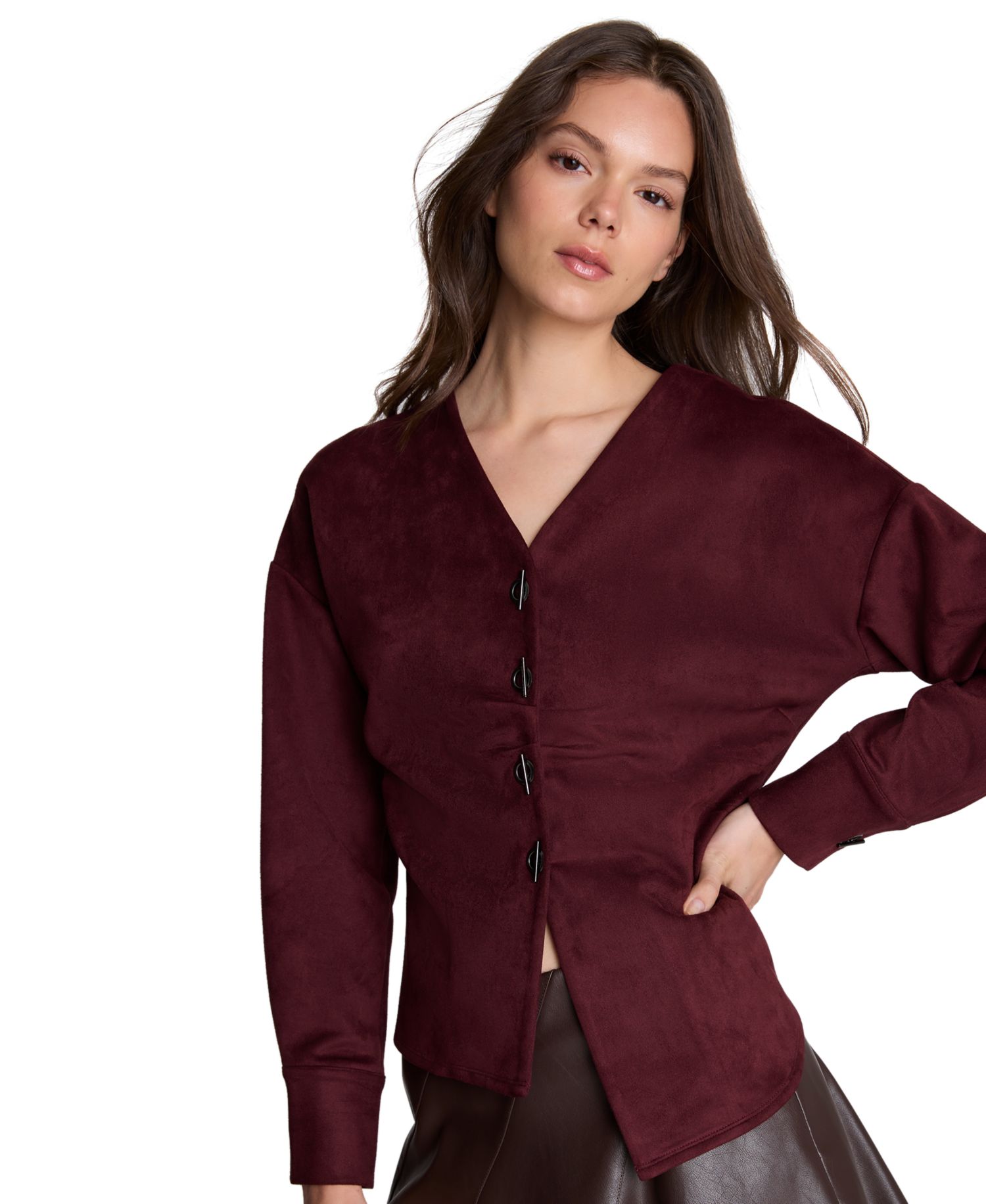 Women's Asymmetric Hem Pleated Faux Suede Shirt