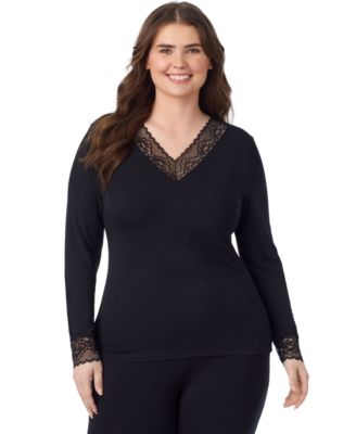 Plus Size Softwear with Stretch Long-Sleeve V-Neck with Lace Top