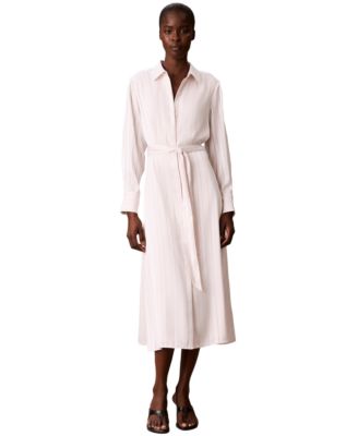petite Long-Sleeve Satin-Stripe Midi Shirt Dress