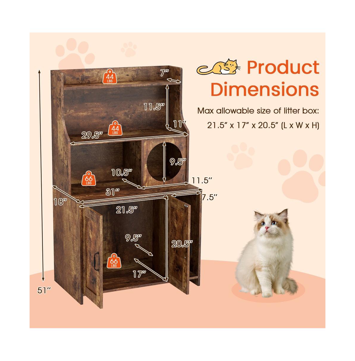 Ruie Wooden Cat Litter Box Enclosure 51 in Industrial Storage Shelf and Cat Condo