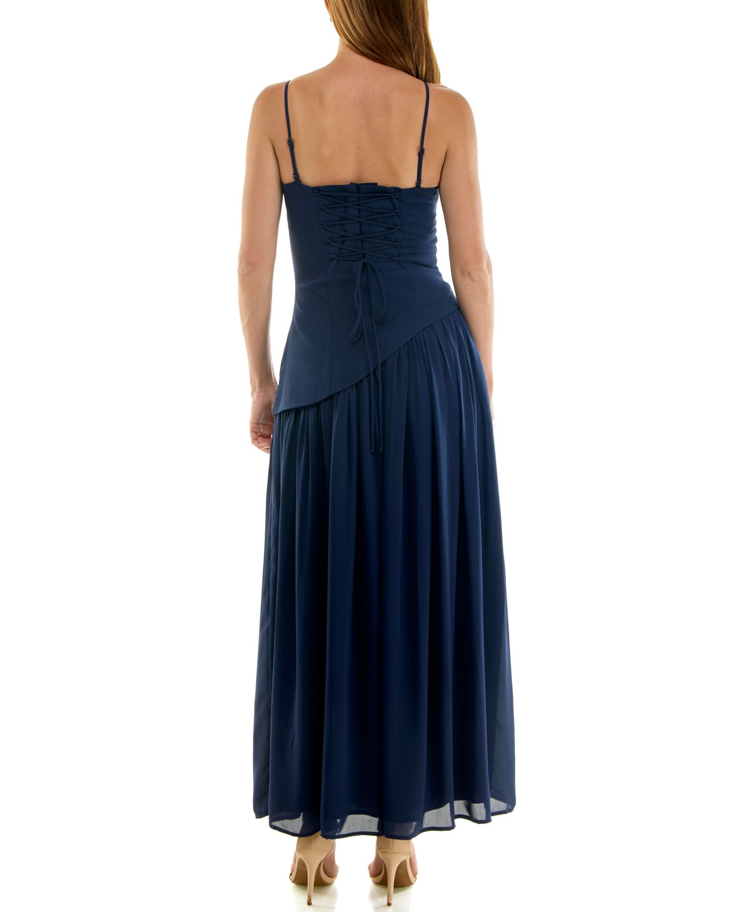 Juniors' Strapless Asymmetrical Corset-Inspired Chiffon Gown