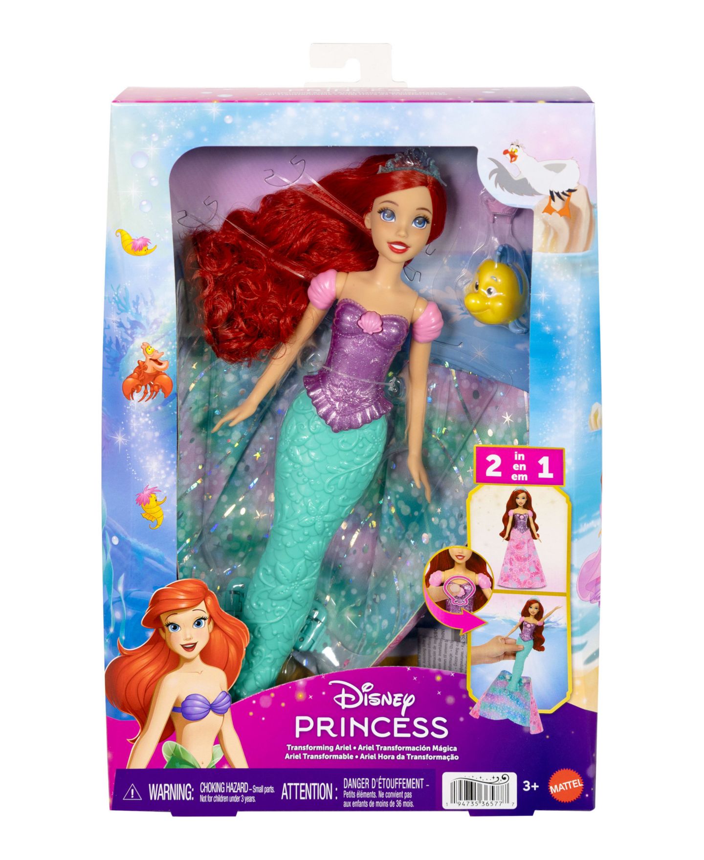 Детская кукла Disney Princess Transforming Ariel Fashion Doll with Flounder & 2 Accessories, Ages 3+ — фото 6