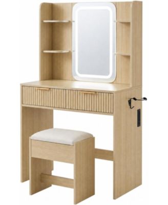 Vanity Desk with Mirror and LED Light,Makeup Dressing Table Set with Charging Station, Drawers Storage, Bedroom Makeup Vanity