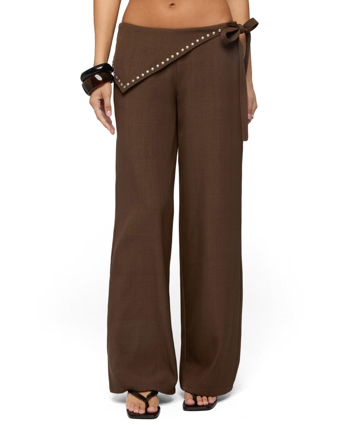 Edikted Womens Avery Studded Foldover Straight Leg Pants