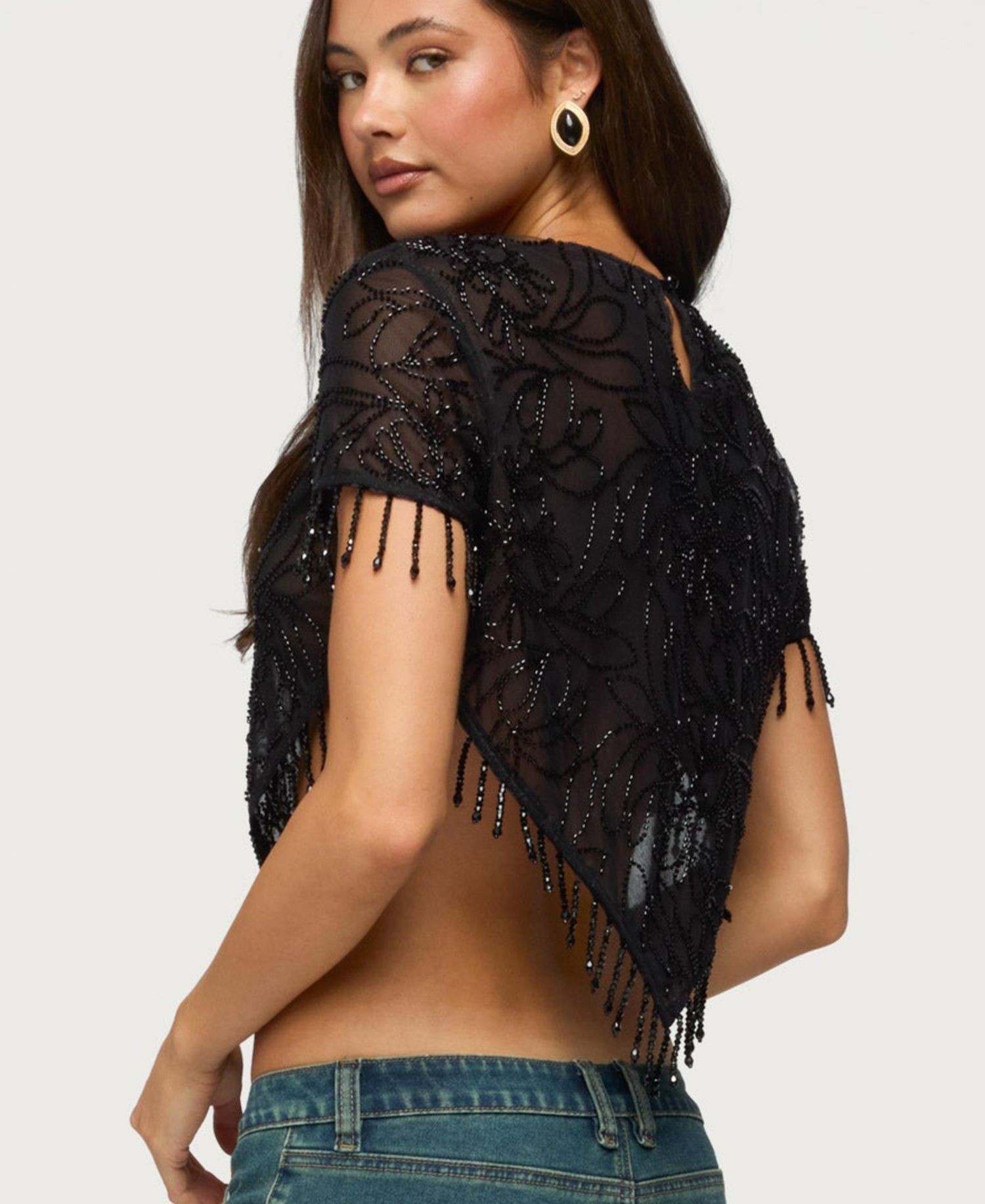 Women's Yanna Beaded Fringe Mesh Poncho Top