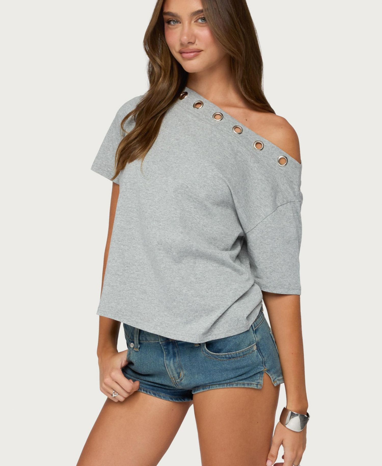 Women's Leslee Off-the-Shoulder Short-Sleeve Grommet T-Shirt