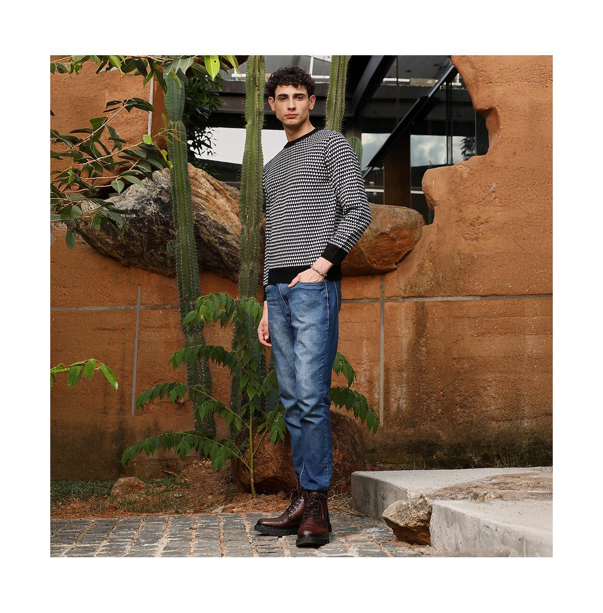 Campus Sutra Men's Contrast-Jacquard Knit Pullover Sweater