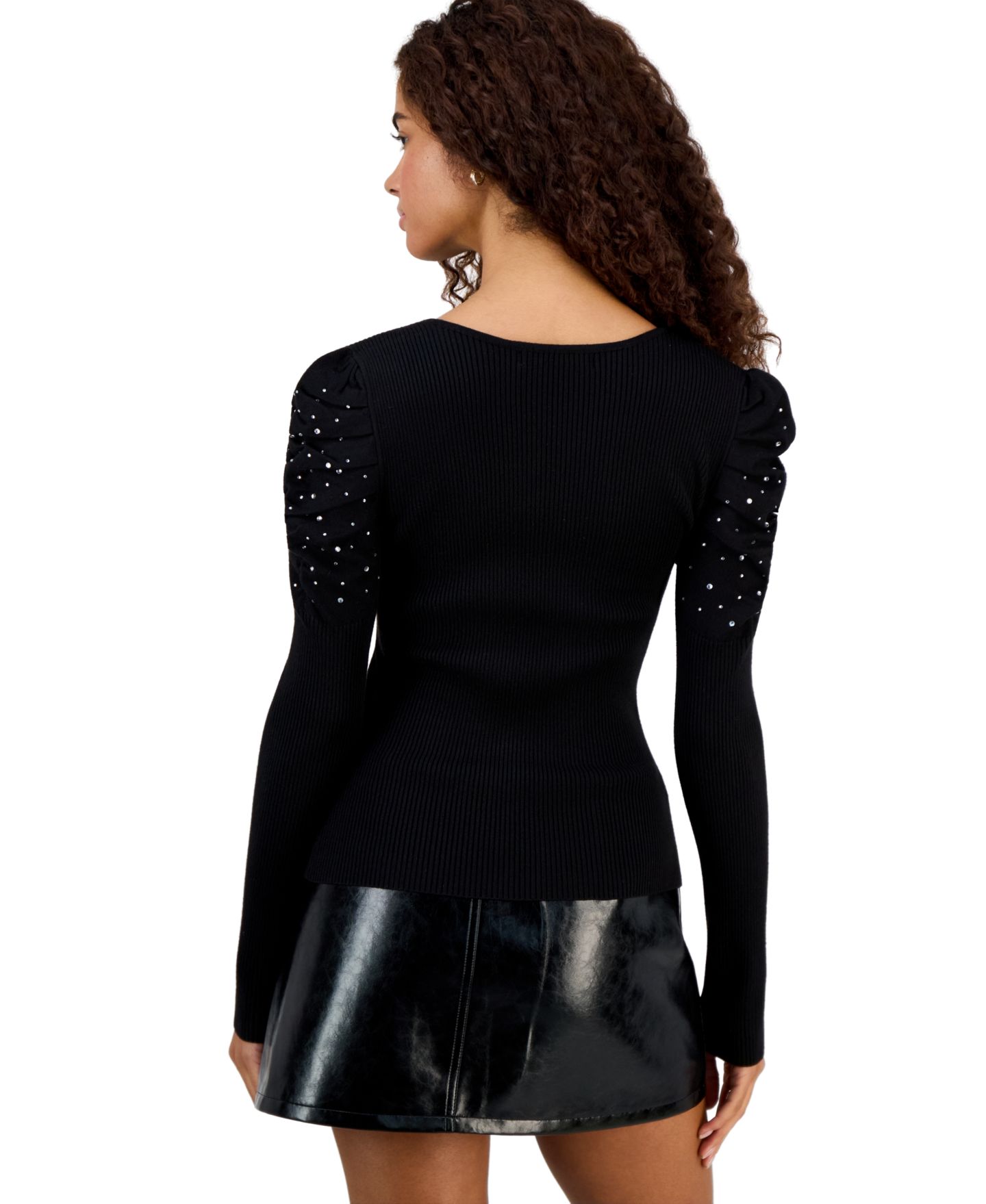 Женский свитер Madden Girl Juniors' Scoop-Neck Embellished Puff-Sleeve Pullover, цвет: Чёрный — фото 2