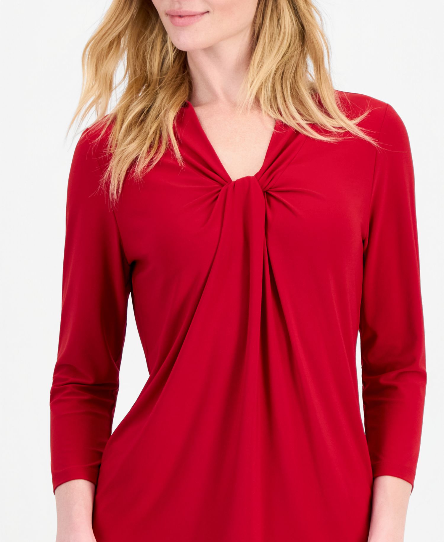 Petite 3/4-Sleeve Knot Neck Jersey Knit Top