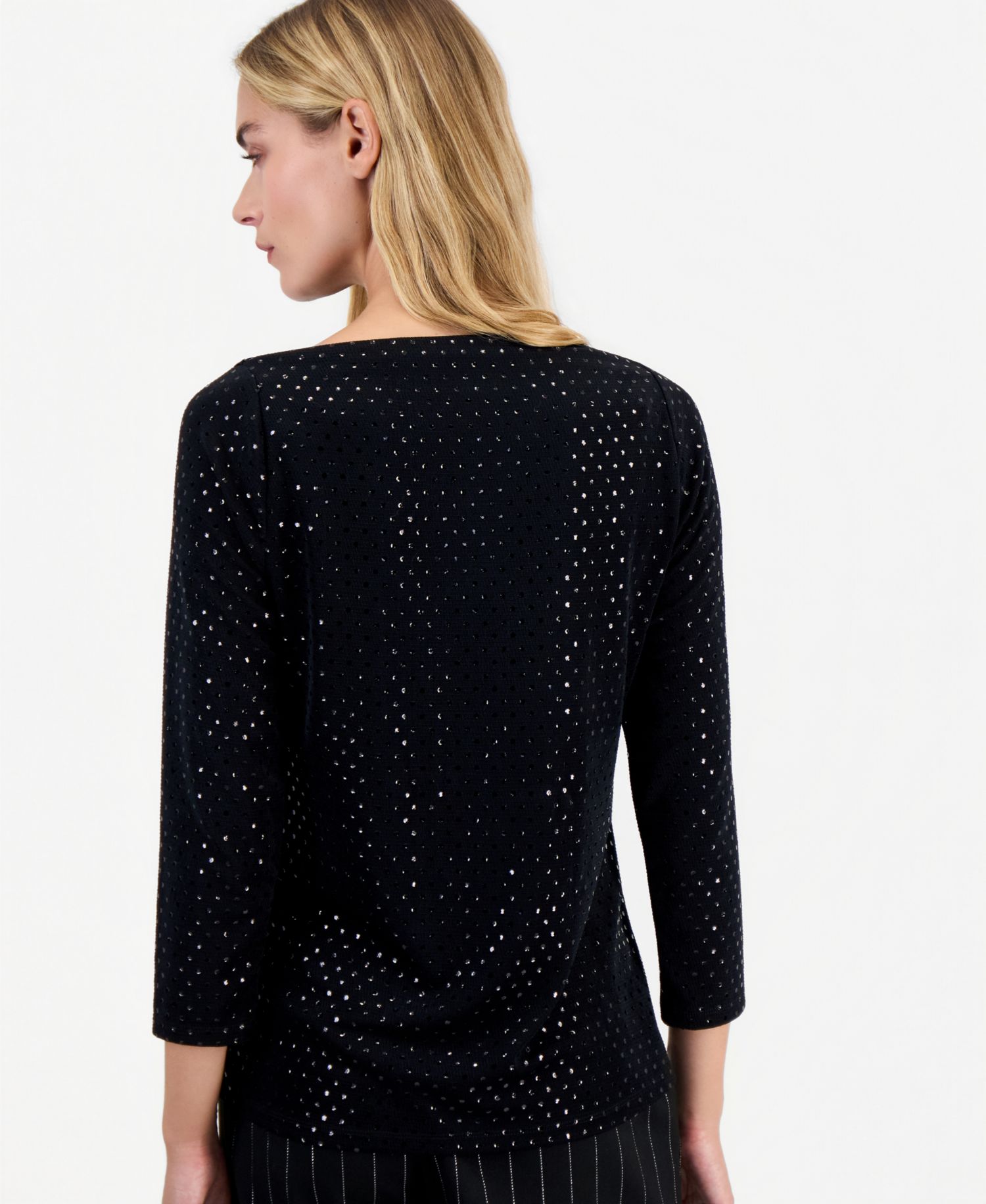Women's Petite Allover-Sequin 3/4-Sleeve Boat Neck Blouse