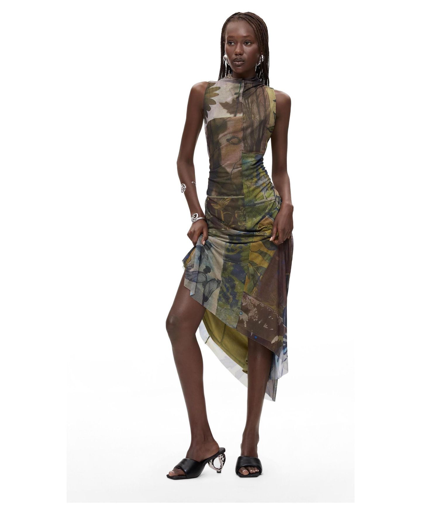 Женское платье Desigual Asymmetrical Sleeveless Multicolored Abstract Print, цвет: Зелёный — фото 2
