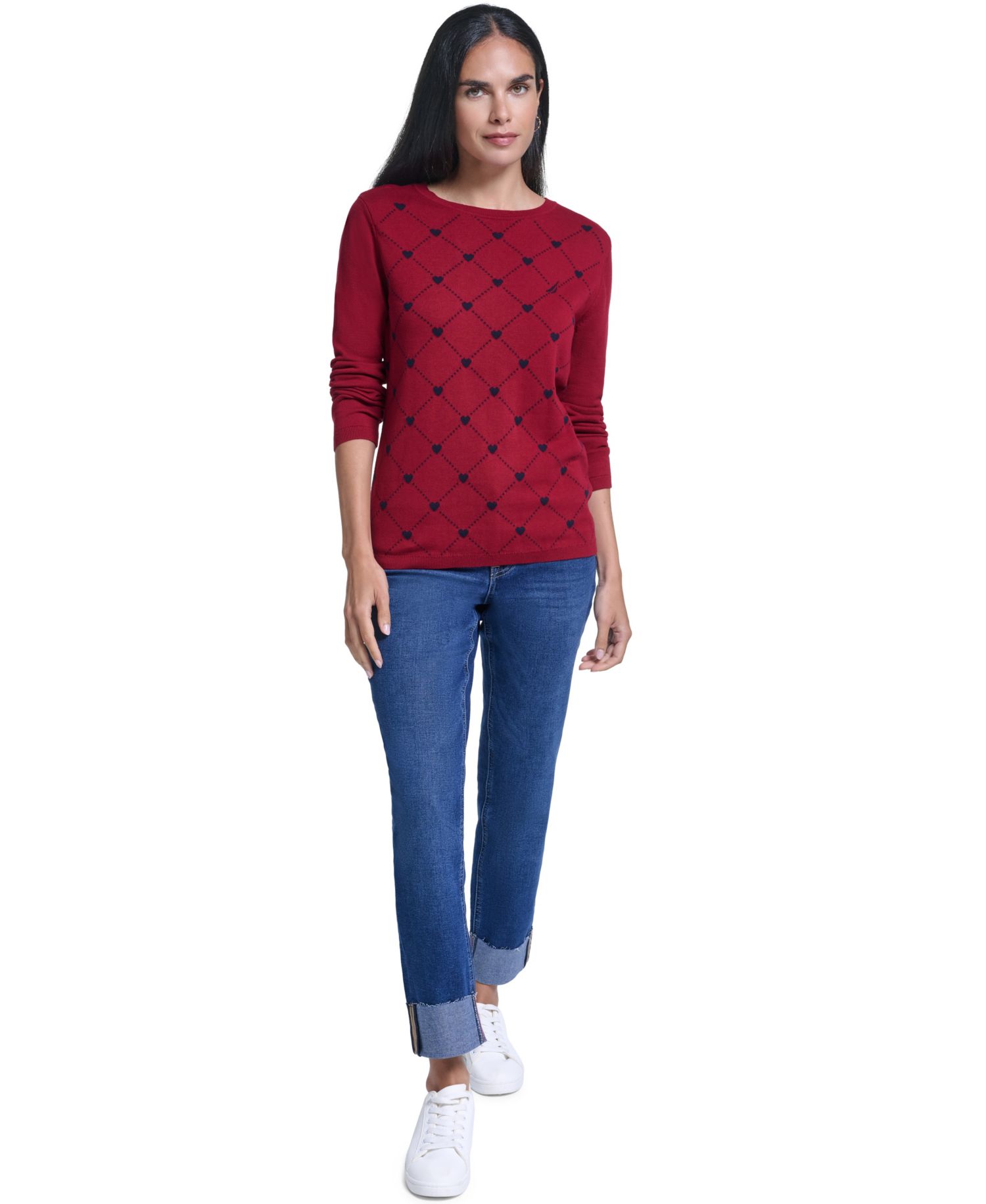 Women's Argyl Hearts Crewneck Long-Sleeve Cotton Sweater