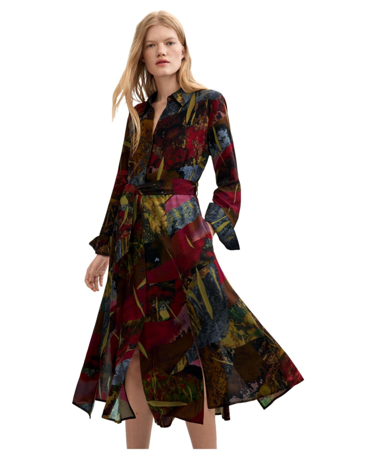 Desigual Women's Long-Sleeve Belted Midi Dress - Green